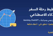 كرة أرضية عليها مسار رحلة ودبابيس خرائط مع عنوان تخطيط رحلة السفر بالذكاء الاصطناعي - ربيع التقنية